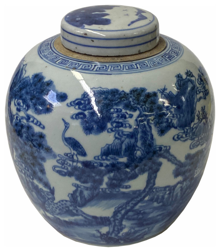 Hand-paint Longevity Crane Graphic Blue White Porcelain Ginger Jar Hws1749