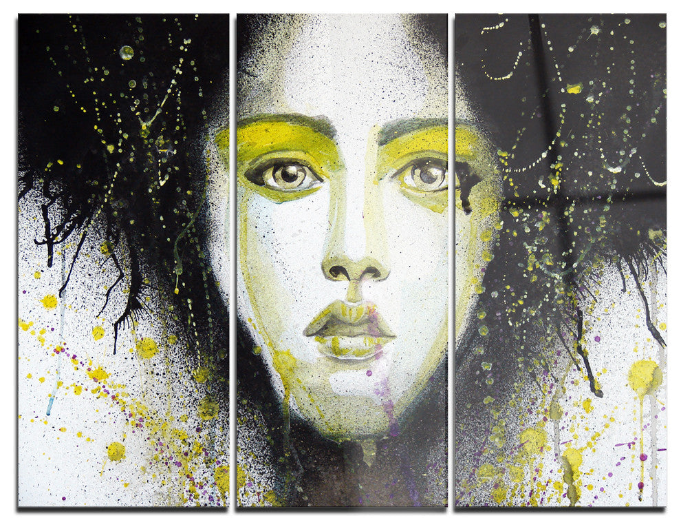 "Girl With Yellow Eye line Large" Digital Metal Wall Art, 3 Panels, 36"x28"