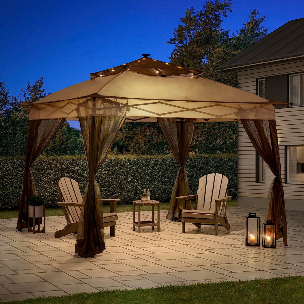 Sunjoy 11 x 11 ft Patio Pop Up Portable Gazebo with Solar LED Lighting