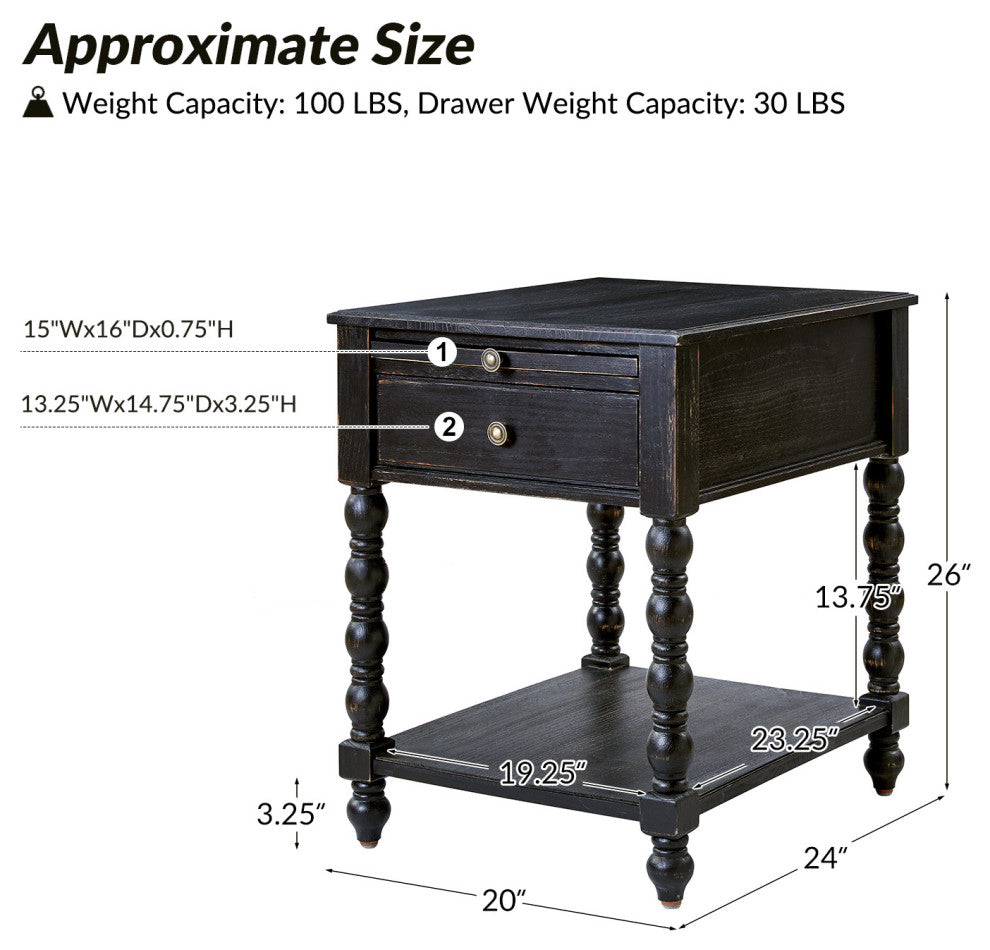 26"H Traditional/Farmhouse Style End Table, Charcoal