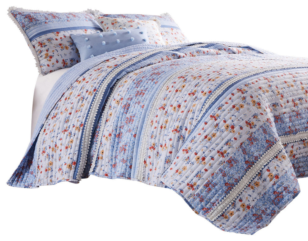 Benzara BM282009 Microfiber King Quilt Set, Floral Print, Lace Trim, Multicolor