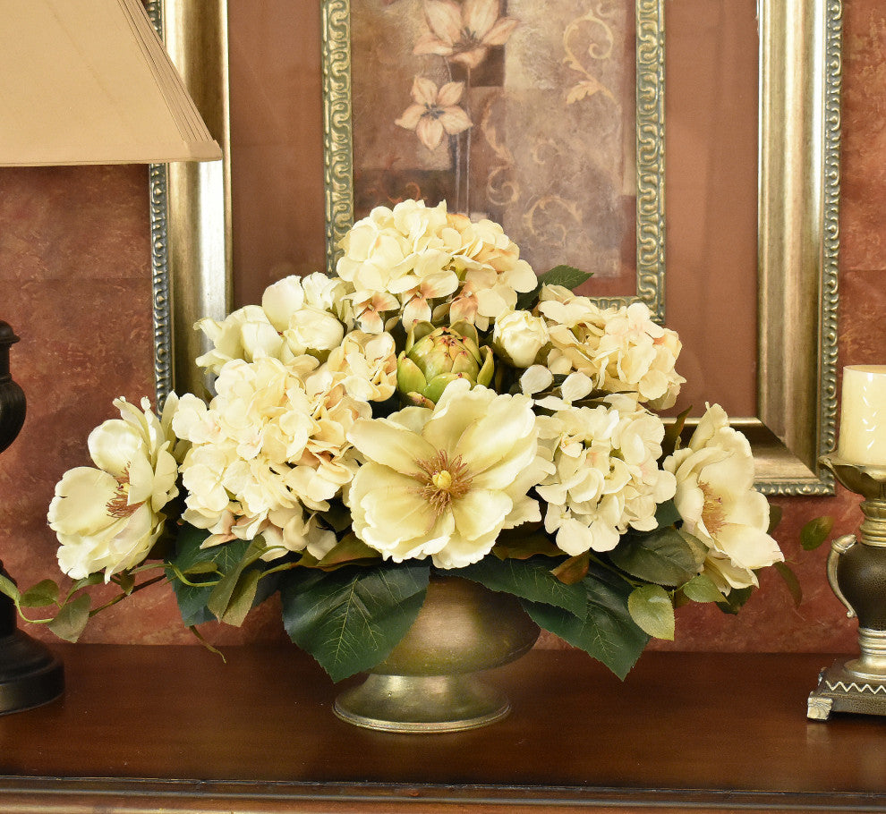 Cream Magnolia and Hydrangea Silk Floral Centerpiece