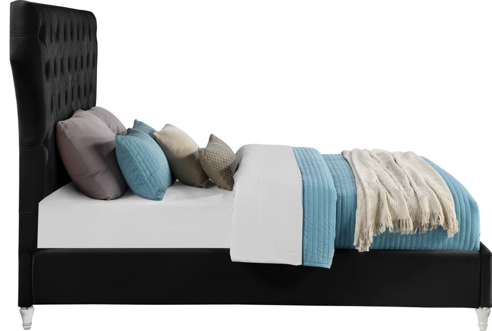Kira Velvet Upholstered Bed, Black, Queen