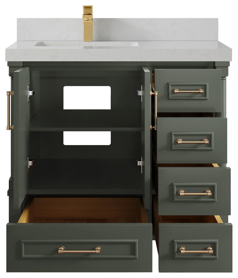 Aberdeen 36 Left Offset Bath Vanity in Pewter Green 2" Carrara Quartz
