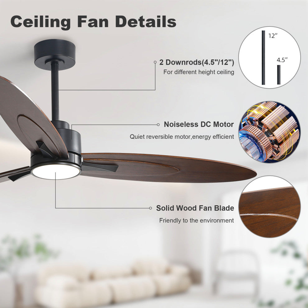 60" 3-Solid Wood Blade Propeller indoor LED Ceiling Fan, Black and Brown