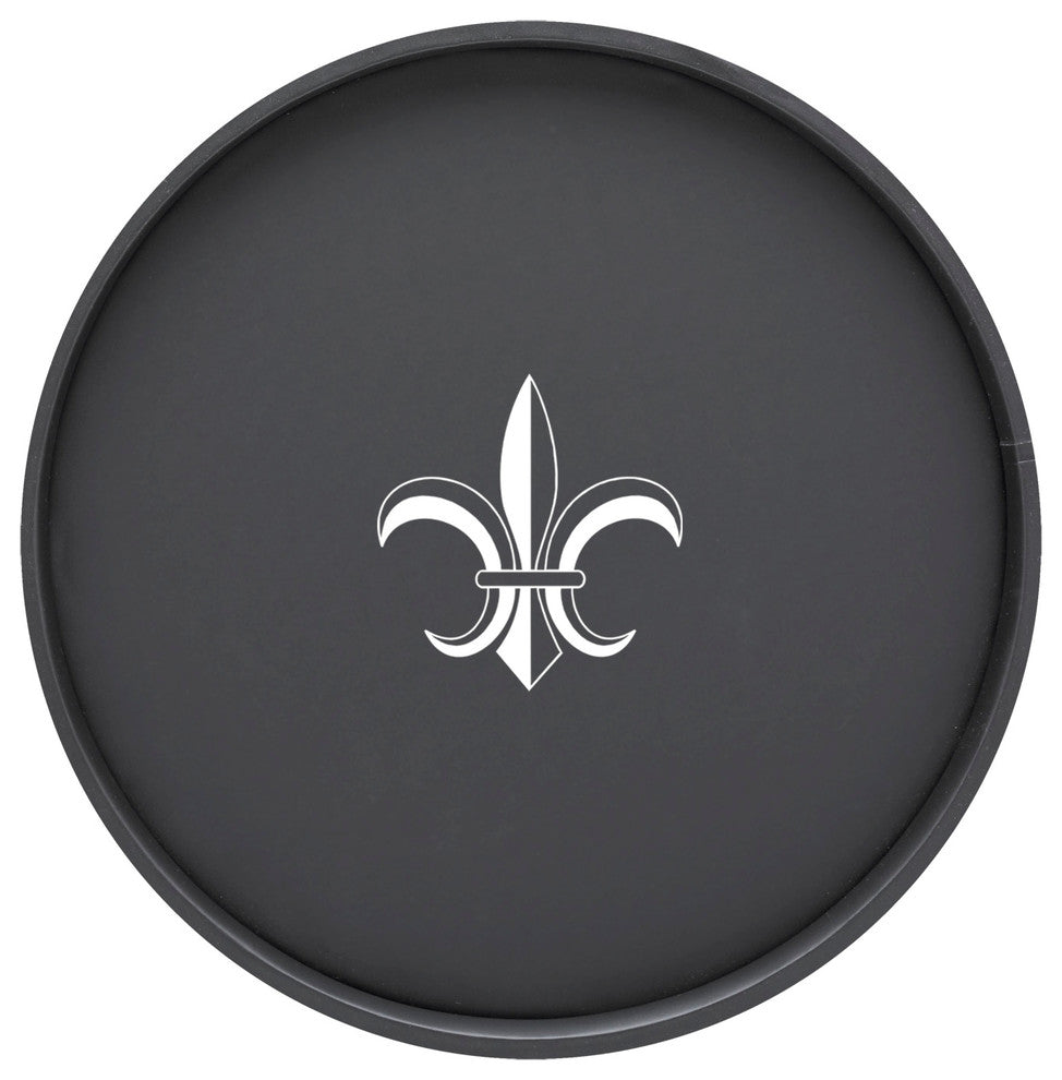 Kasualware 14" Round Serving Tray, Black Fleur De Lis