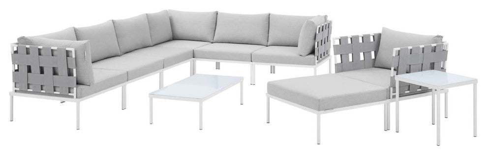 Lounge Sectional Sofa Chair Table Set, Sunbrella, Aluminum, Gray, Outdoor