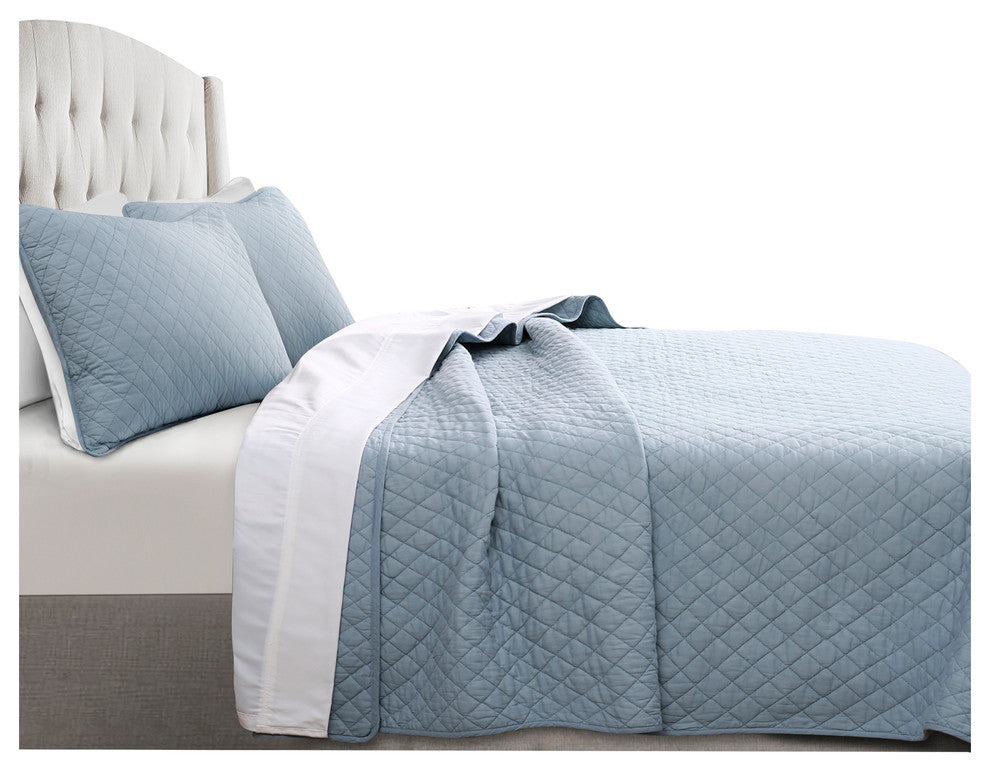 Ava Diamond Oversized Cotton 3-Piece Quilt Set, Blue, King