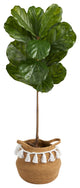 4' Fiddle Leaf Faux Tree, Boho Handmade Natural Cotton Woven Planter W/Tassels
