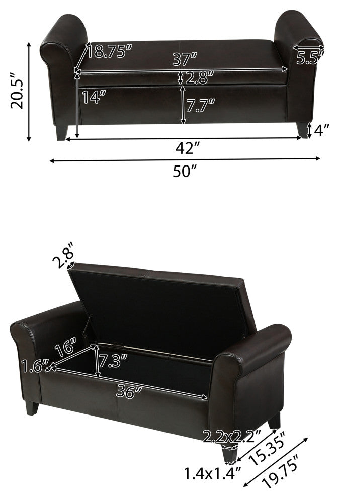 GDF Studio Hayes Contemporary Upholstered Storage Ottoman Bench with Rolled Arms, Brown