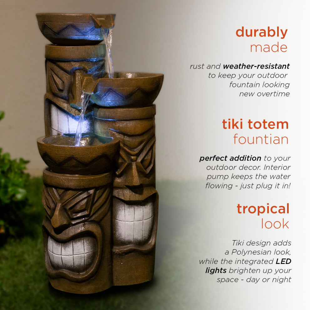 29" Tall Outdoor 3-Tier Tiki Head Water Fountain Yard DÃ©cor