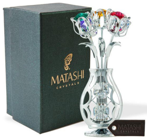 Matashi Chrome Plated Flowers Bouquet and Vase With Colorful Crystals Home Decor