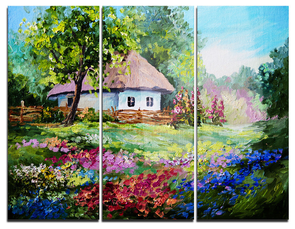 "House in the Village Oil Painting" Metal Wall Art, 3 Panels, 36"x28"