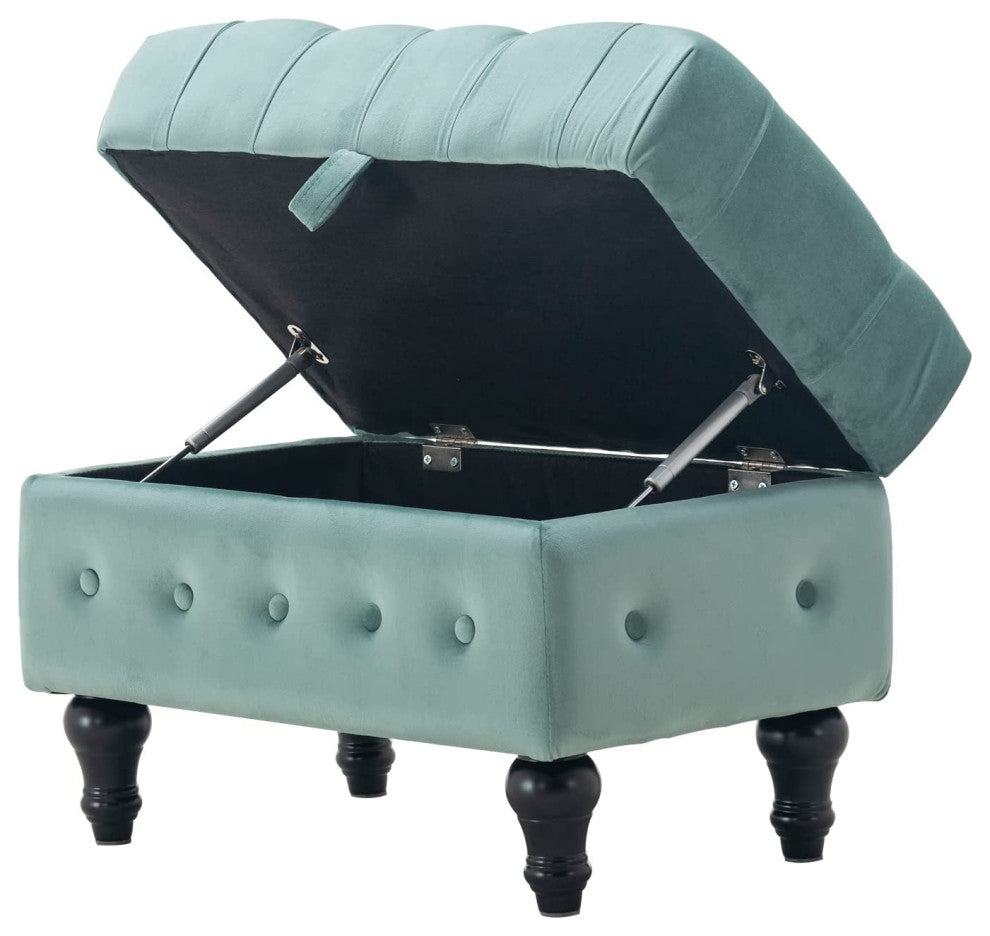 Button Tufted Upholstery Footstool for Bedroom and for Living Room, Light Blue