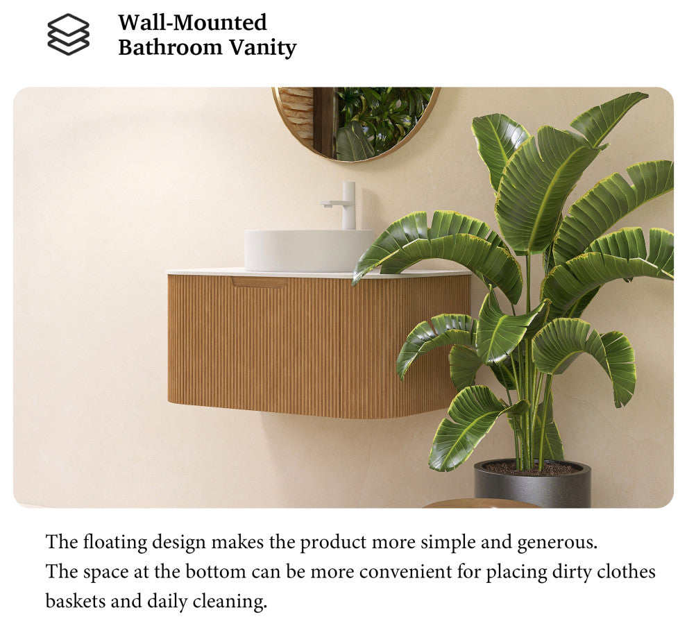 Wall-Mounted Bathroom Vanity With White Round Ceramic Basin, Natural Wood, 30"