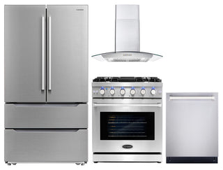 4 Piece, 30" Gas Range 30" Range Hood 24" Dishwasher & Refrigerator