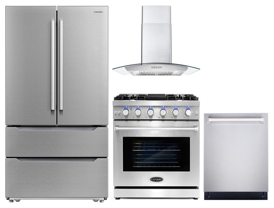 4 Piece, 30" Gas Range 30" Range Hood 24" Dishwasher & Refrigerator