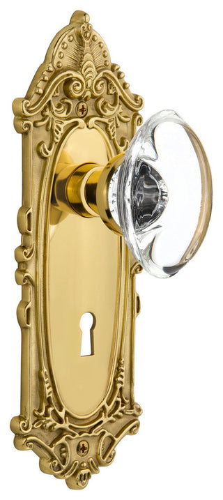 Victorian Plate With Oval Clear Crystal Knob, Unlacquered Brass