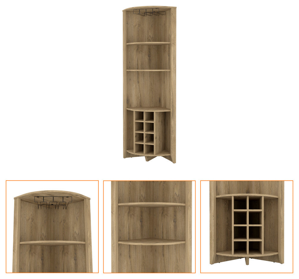 Bouvet Corner Bar Cabinet with 3 Shelves, 8 Wine Cubbies and Cup Rack, Macadamia