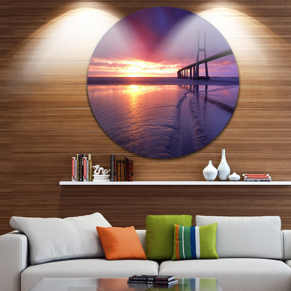 Colorful Vasco Da Gama Bridge, Sea Pier And Bridge Round Wall Art, 36"