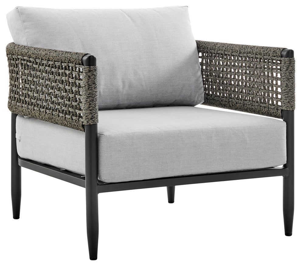 Felicia 4 Piece Outdoor Black Metal & Rope Chat Set With Light Gray Cushions