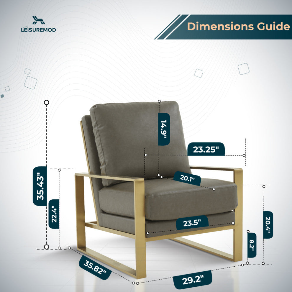LeisureMod Jefferson Faux Leather Accent Armchair With Gold Frame, Grey