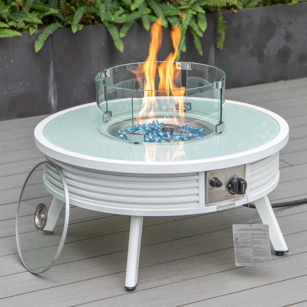 LeisureMod Walbrooke Patio Conversation Set With Fire Pit Table, Light Grey