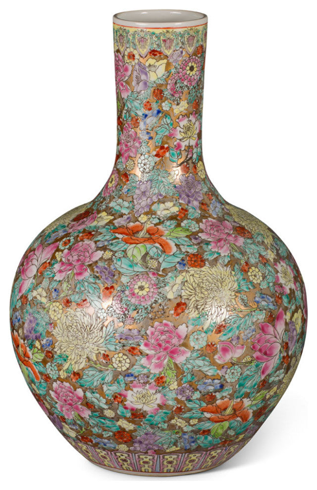 Hand Painted Imperial Canton Porcelain Chinese Floral Temple Vase, With Stand