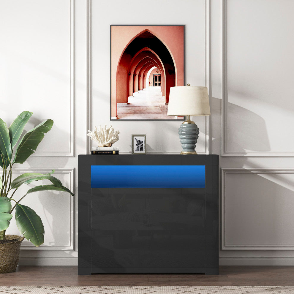 Wood Double Door Accent Cabinet with LED Light, Black, 42'' X 16''