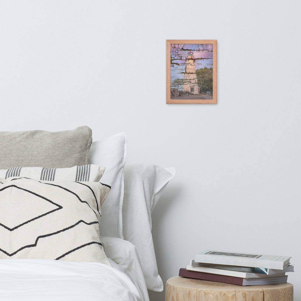 Faux Wood Texture Marblehead Lighthouse at Sunset Framed Photo Wall Art Print, Red Oak, 8" X 10"