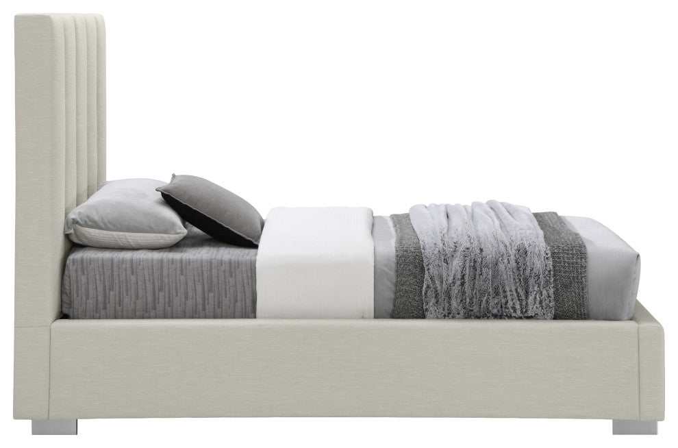 Pierce Linen Textured Fabric Upholstered Bed, Beige, Twin