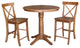 36" Round Pedestal Gathering Height Table With 2 X-Back Counter Height Stools, Distressed Oak