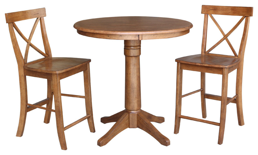 36" Round Pedestal Gathering Height Table With 2 X-Back Counter Height Stools, Distressed Oak