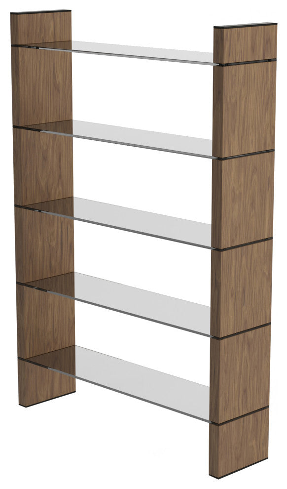 Modrest Glencoe Modern Walnut and Black Glass Bookshelf