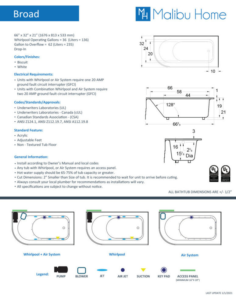 Malibu Broad RH Rectangle Soaking Bathtub 66x32x21 Biscuit
