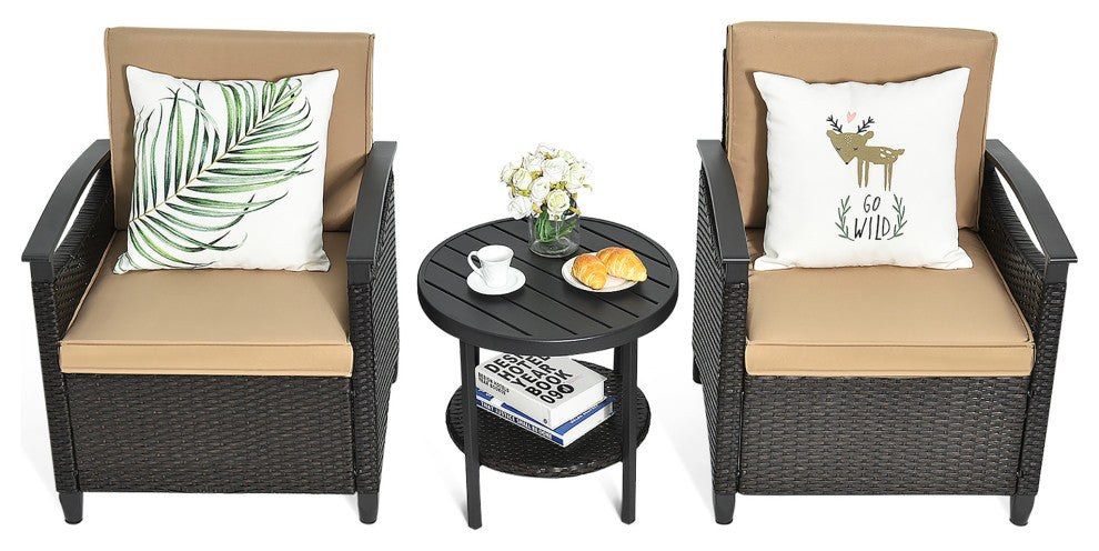 Costway 3PCS Patio Rattan Furniture Set Cushioned Sofa Storage Table W/ Shelf