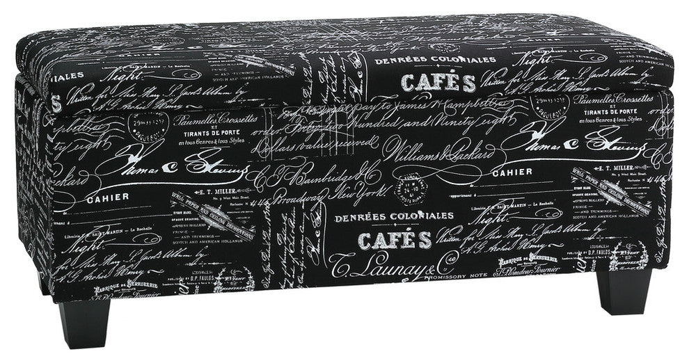 Mamet Black Script Fabric Storage Ottoman Long Bench