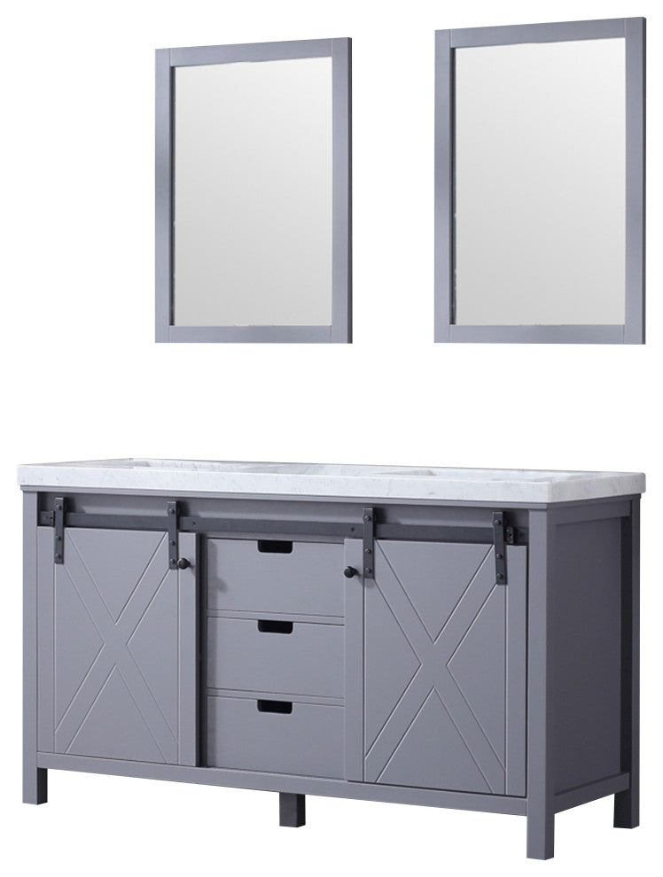 Marsyas 60" Dark Gray Double Vanity Carrara Marble Top Sinks, 24" Wall Mirrors