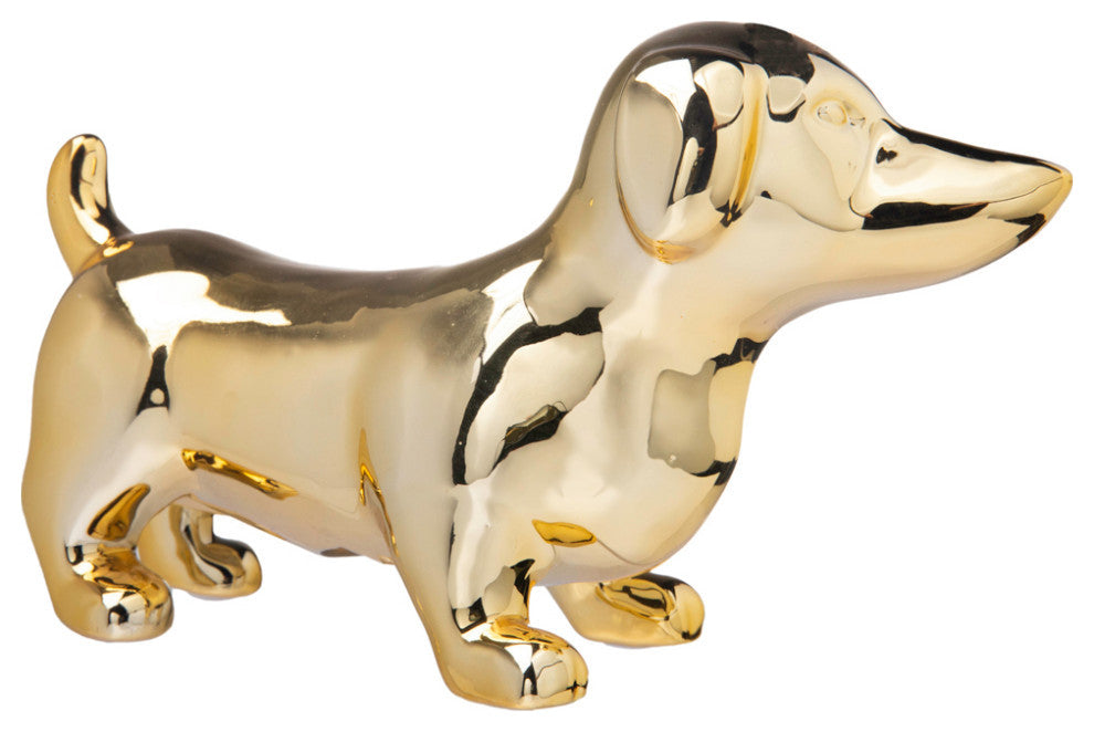 Ceramic Standing Dachshund Dog Figurine, Polished Chrome Gold