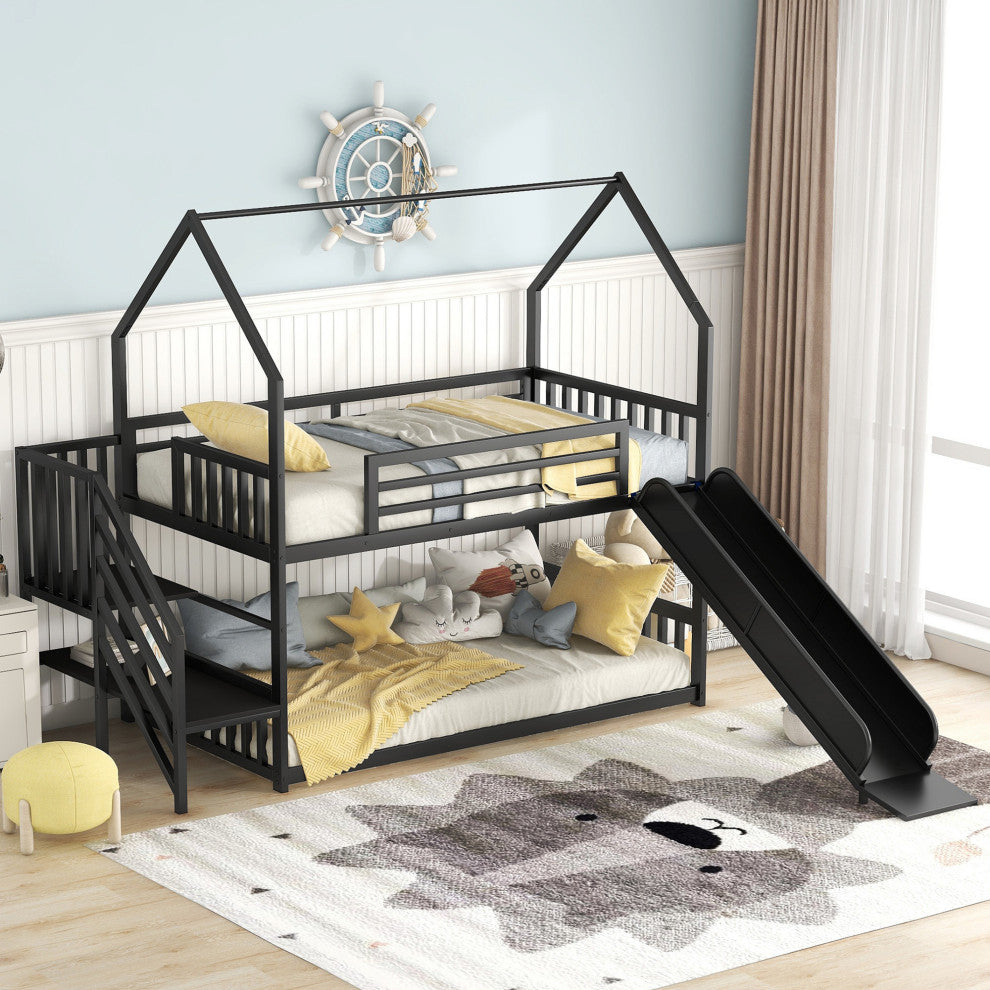 Gewnee Twin Metal Bunk Bed House Bed with Slide and Staircase in Black
