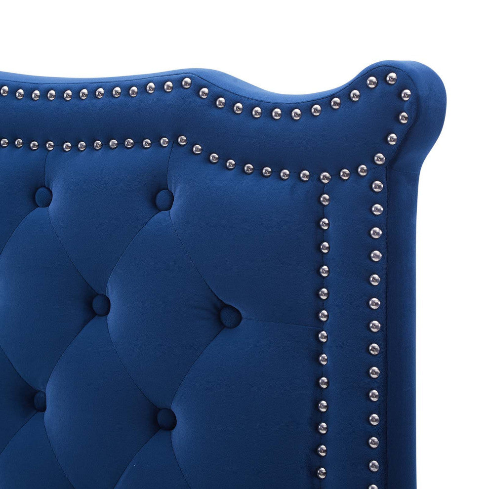 Tufted Headboard, Nailhead, Twin Size, Blue Navy, Velvet, Modern, Guest Suite