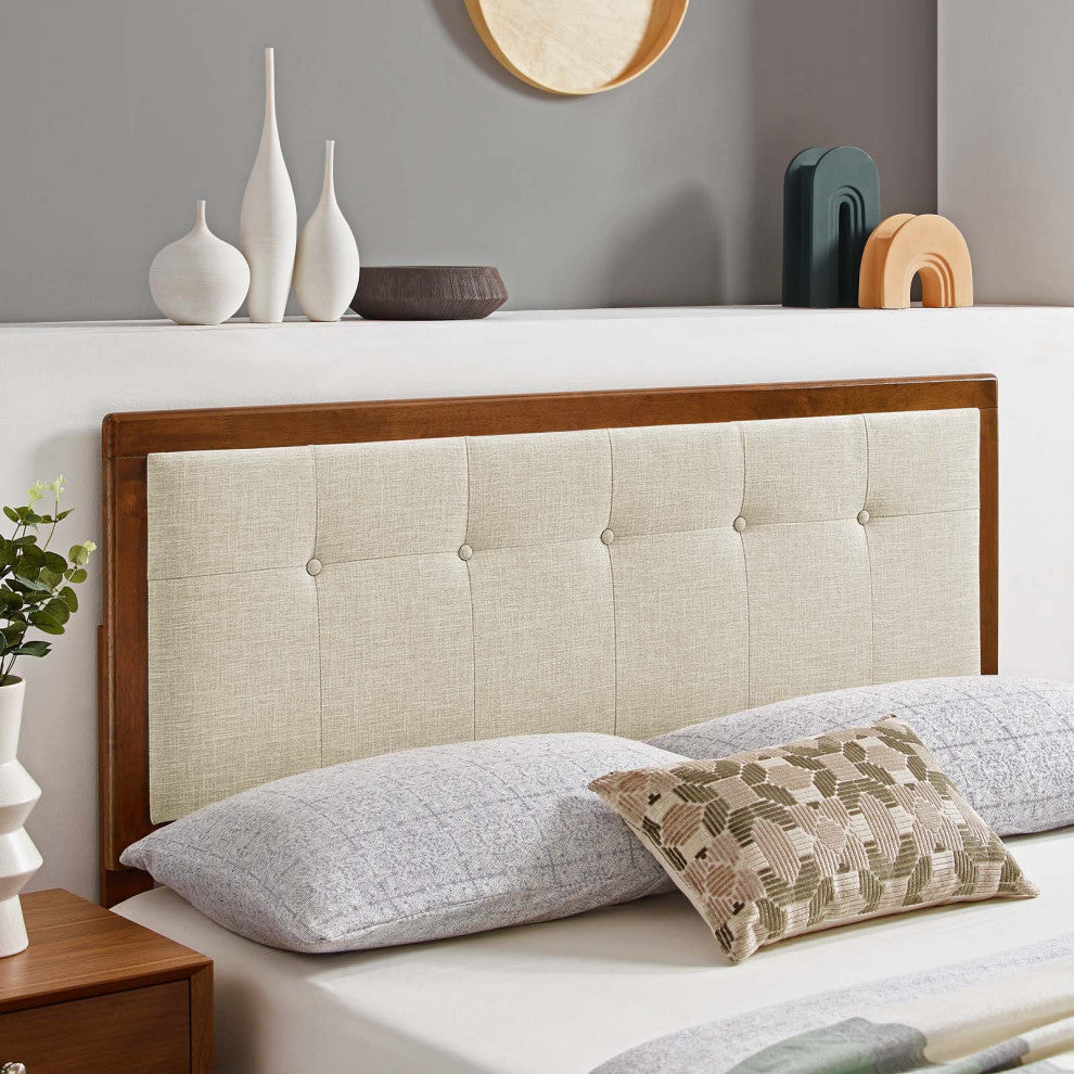 Tufted Headboard, King Size, Wood, Fabric, Brown Walnut Beige, Modern