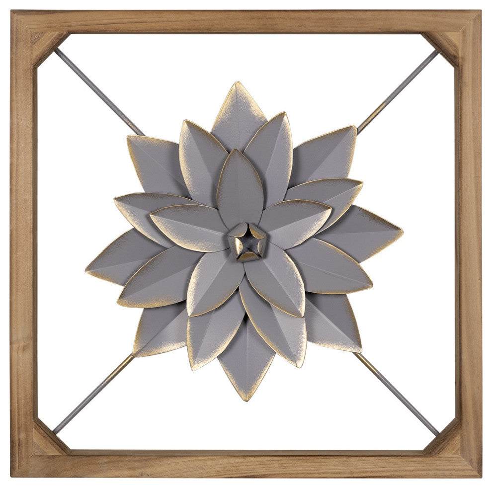 Wood Framed Gray Metal Flower Wall D"cor