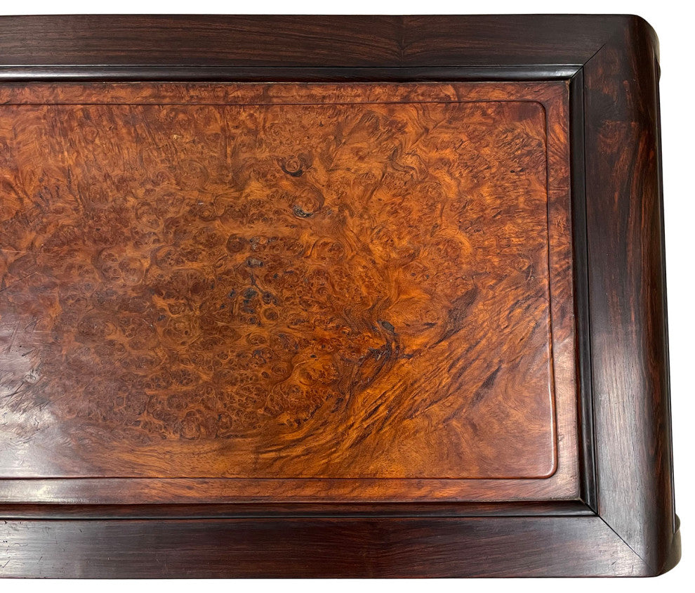 Consigned Antique Chinese Rosewood Carved Coffee Table with Burl Wood Top