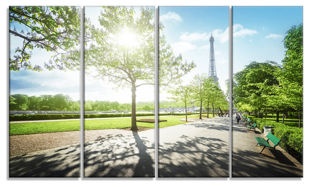 Paris Eiffel Towerat Sunny Morning, Landscape Canvas Print, 48"x28", 4 Panels