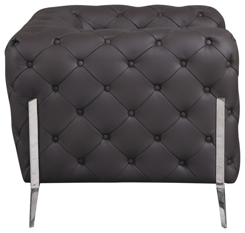 Glam Espresso Brown and Chrome Tufted Leather Armchair