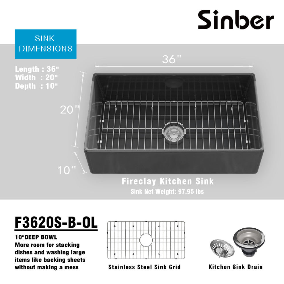 Sinber Farmhouse Apron Single Bowl Kitchen Sink with Fireclay 2 Accessories, Black, 36" X 20"