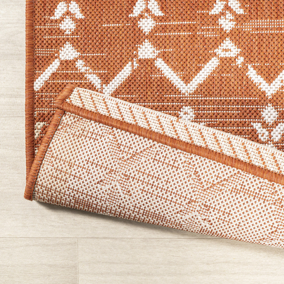 Ourika Moroccan Geometric Indoor/Outdoor Rug, Orange/Cream, 2x10