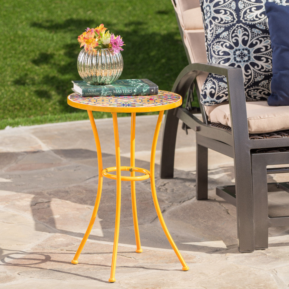 GDF Studio Brienne Outdoor Yellow Ceramic Tile Side Table With Iron Frame