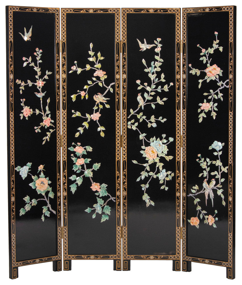 6' Tall Black Lacquer Room, Birds and Flowers